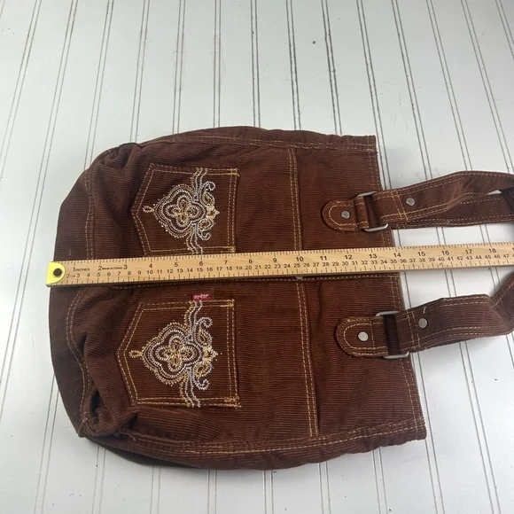 Leviโs Vintage Y2K Brown Corduroy Tote Bag Embroidered Front Pockets Unisex - Picture 8 of 10